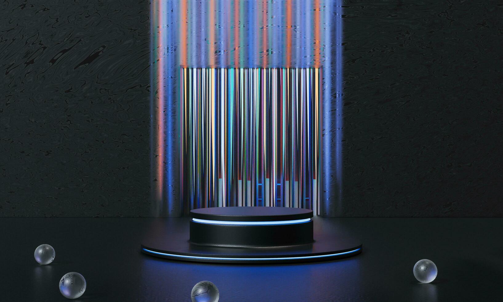 Black podium and black background stand or podium advertising display light emission. 3D rendering. photo