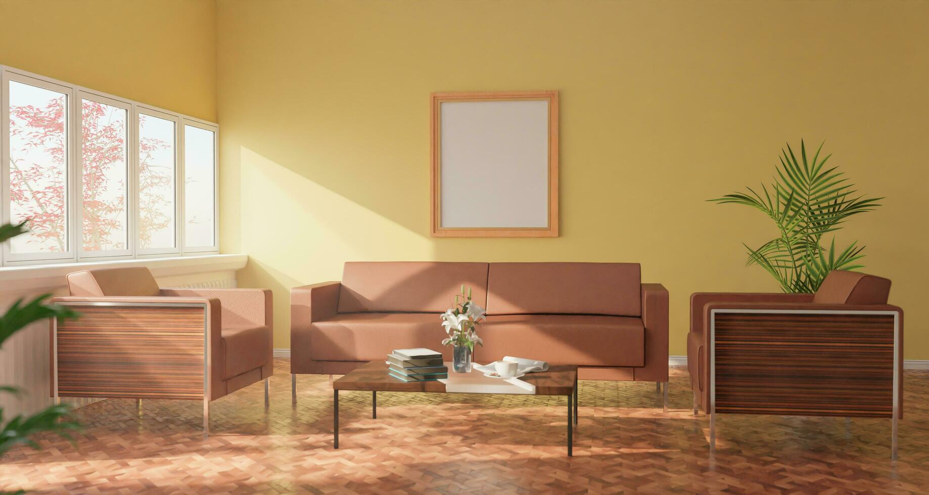 The light from the outside hit theframe on wall of the room and the sofa located inside. give a warm atmosphere.3d rendering. photo