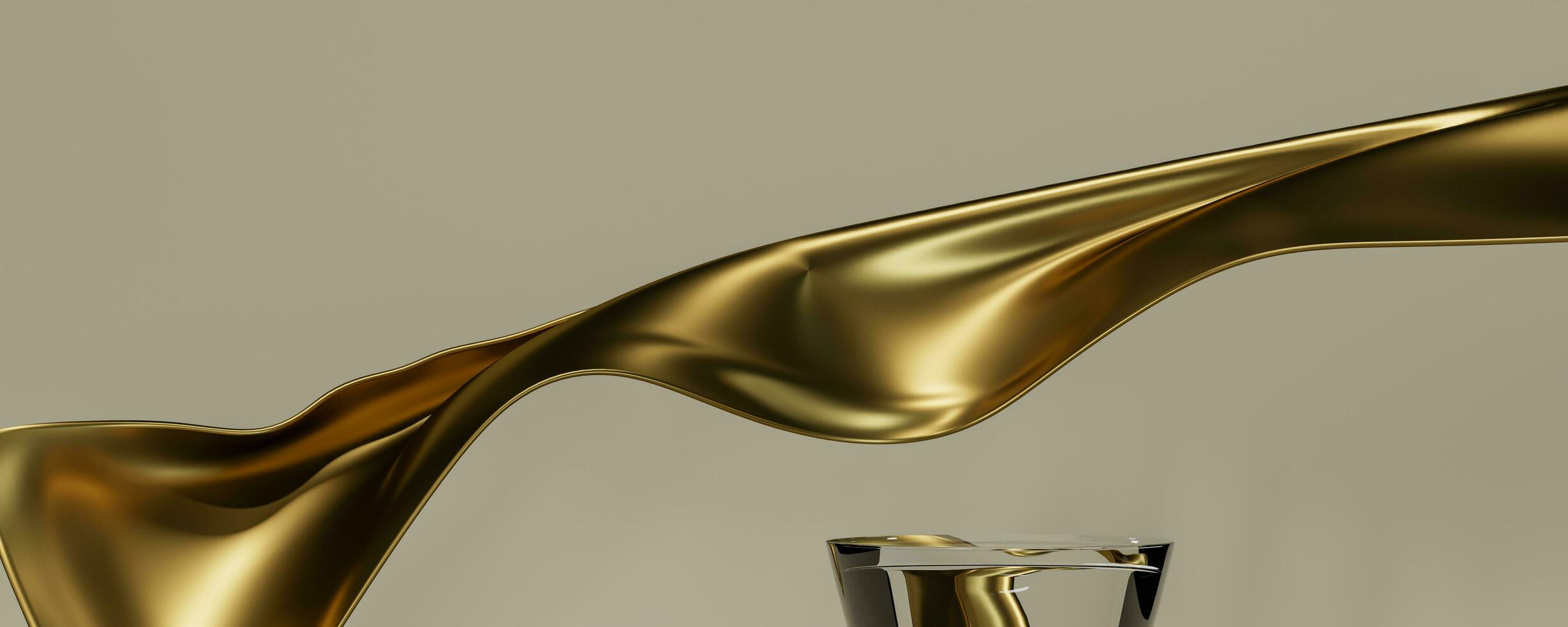 Podium and gold fabric flying wave. Luxury background for branding and product presentation. 3d rendering illustration. photo