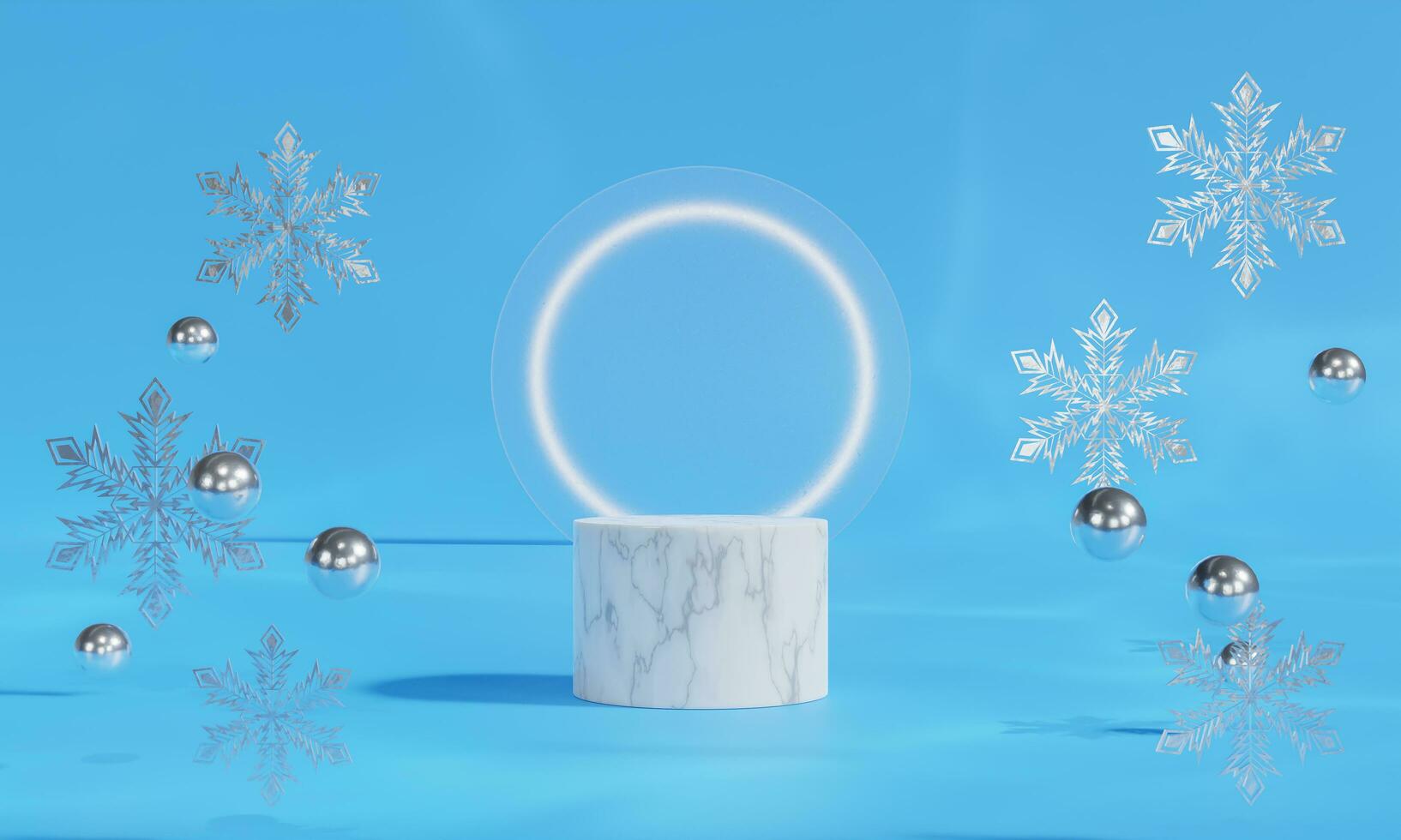 Christmas podium for branding and packaging presentation. Product display with gift boxes, Christmas showcase. Cosmetic and fashion. 3d rendering. photo