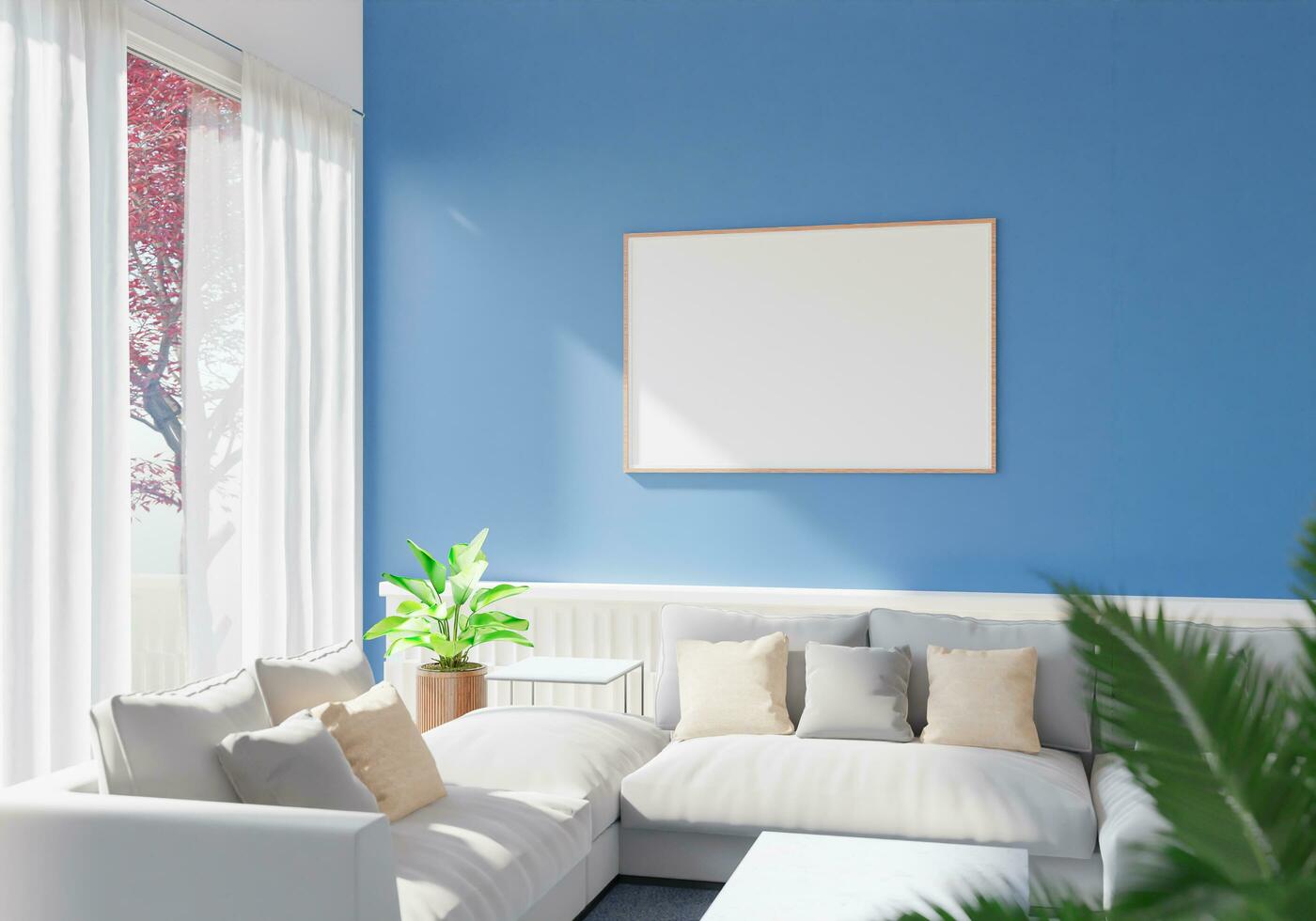 The light from the outside hit theframe on wall of the room and the sofa located inside. give a warm atmosphere.3d rendering. photo