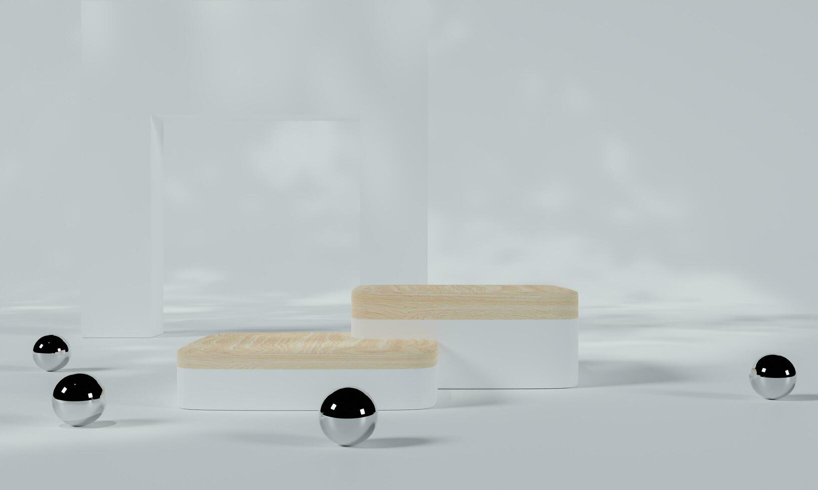 White podium and white background stand or podium pedestal on advertising display with blank backdrops. 3D rendering. photo