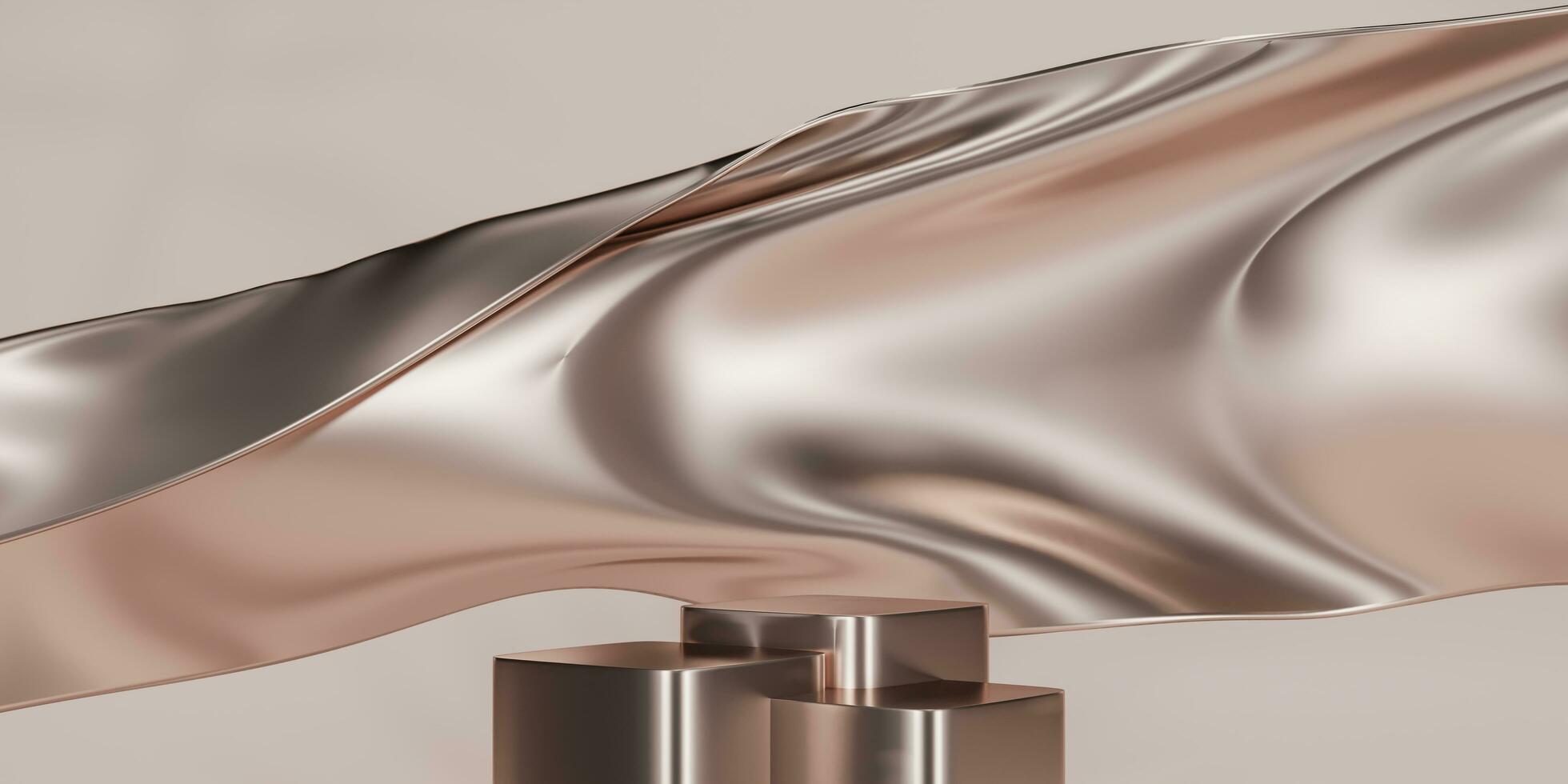 Silver color podium on silver fabric flying wave. Luxury background for branding and product presentation. 3d rendering illustration. photo