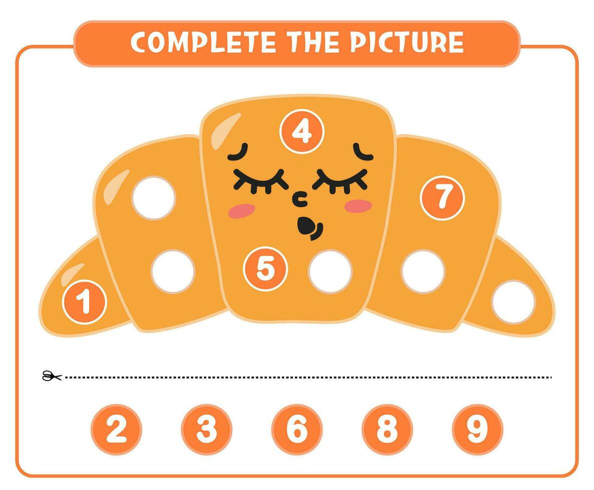 Educational game for kids, math activity worksheet. Fill in the missing numbers in cute croissant vector