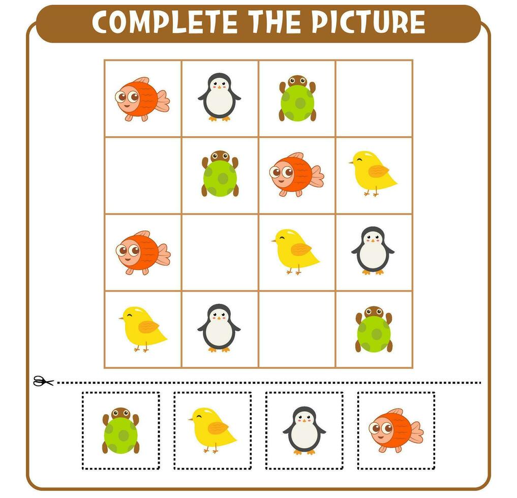 Complete the picture. Educational game Worksheet for kids Sudoku vector