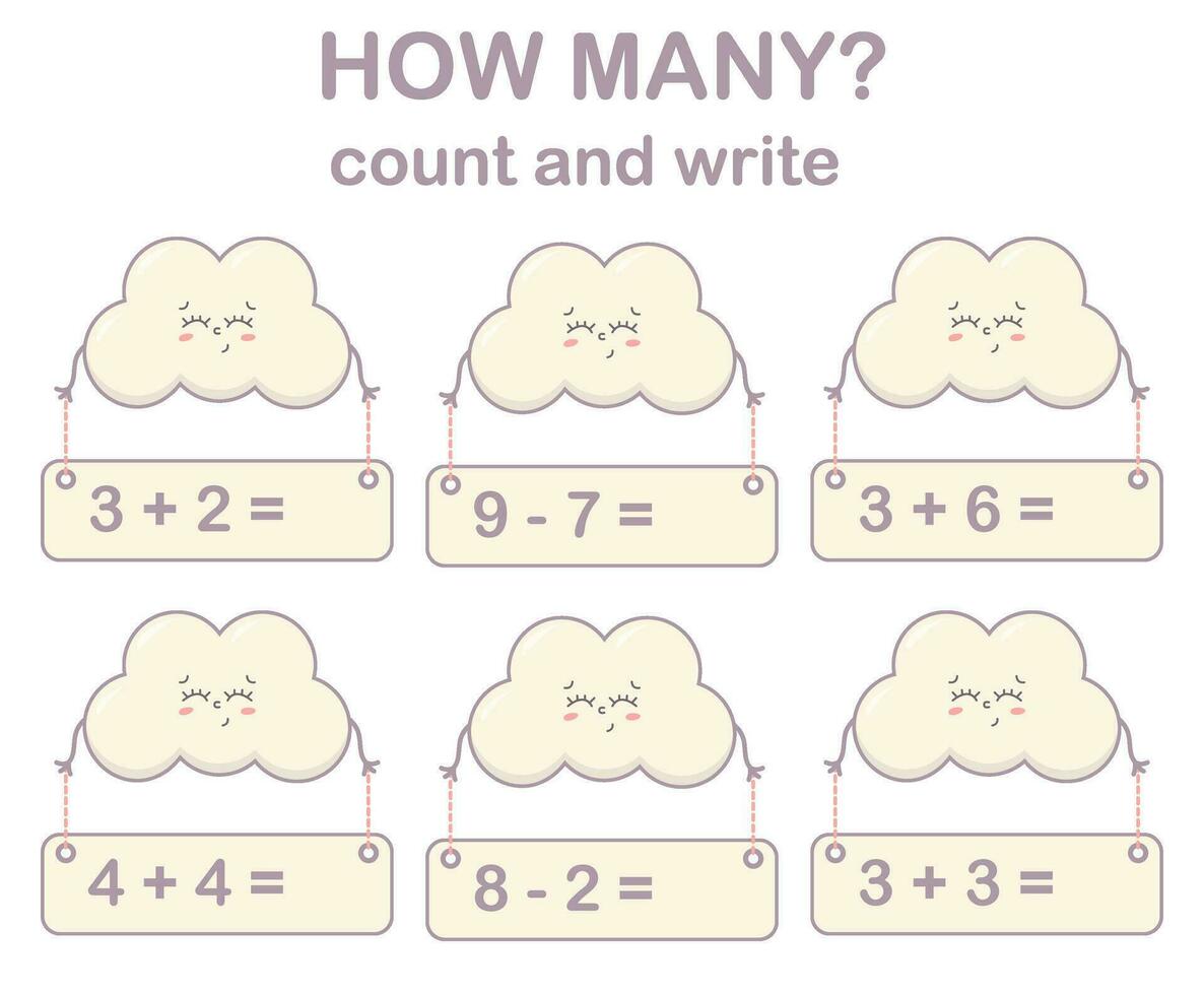 Math game for kids. Count and write with cute cloud. Printable worksheets. vector