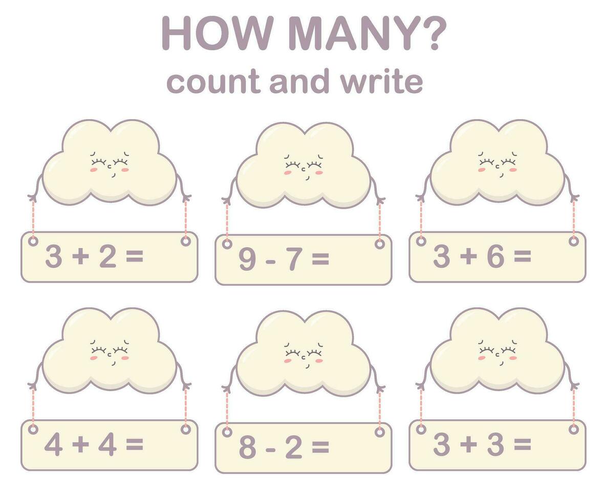 matemáticas juego para niños. contar y escribir con linda nube. imprimible hojas de trabajo vector