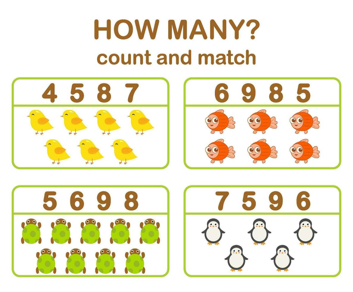 matemáticas juego para niños contar y partido imprimible hojas de trabajo vector