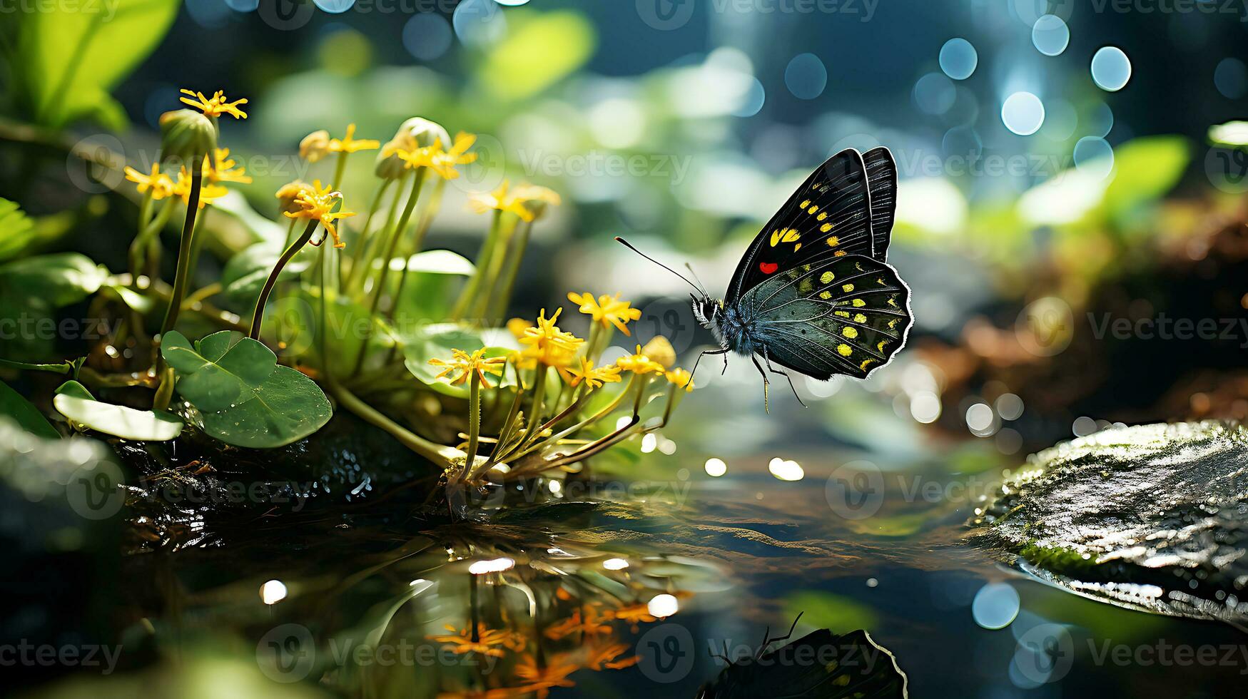 mariposa en un corriente cerca verde plantas en el lago generado por ai foto