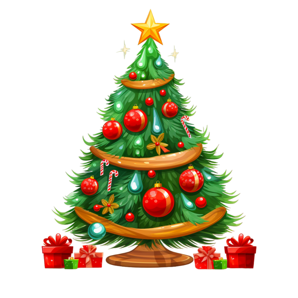 Weihnachten Baum mit Karikatur Weihnachten Star Bälle ai generativ png