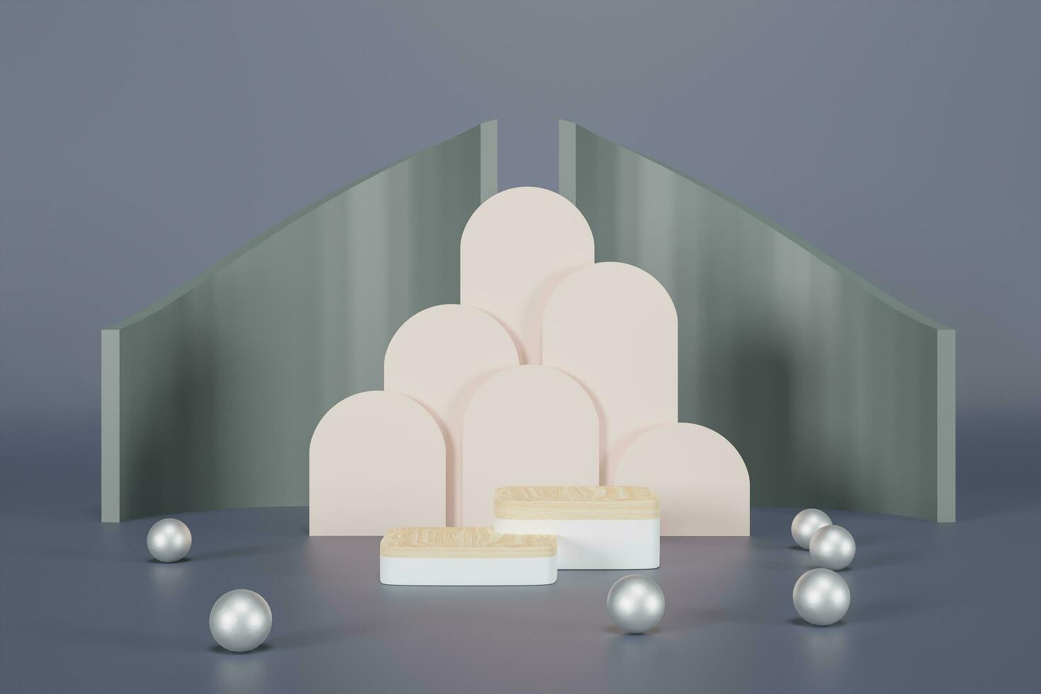 3d rendering  A white cylindrical podium is decorated with a geometric wall in the form of a showcase platform on a color background. photo