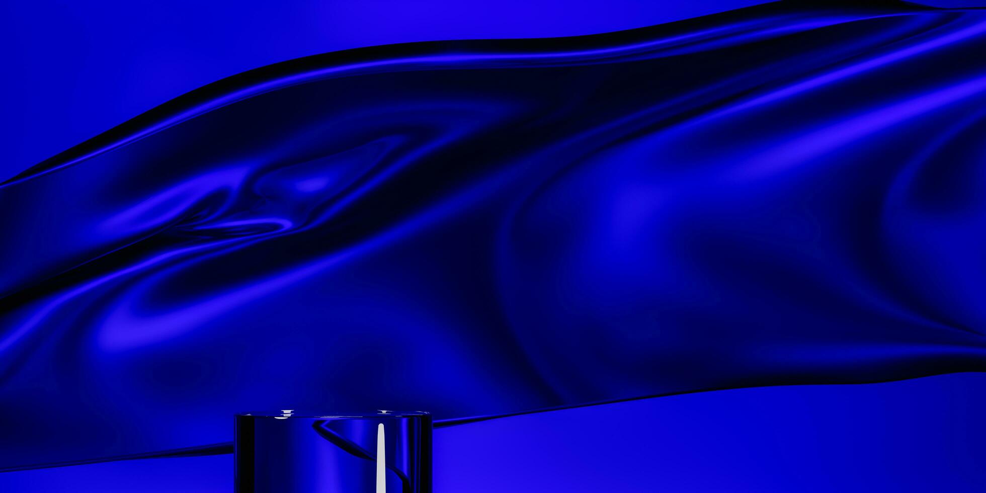 Blue fabric flying wave and podium. Luxury background for branding and product presentation. 3d rendering illustration. photo