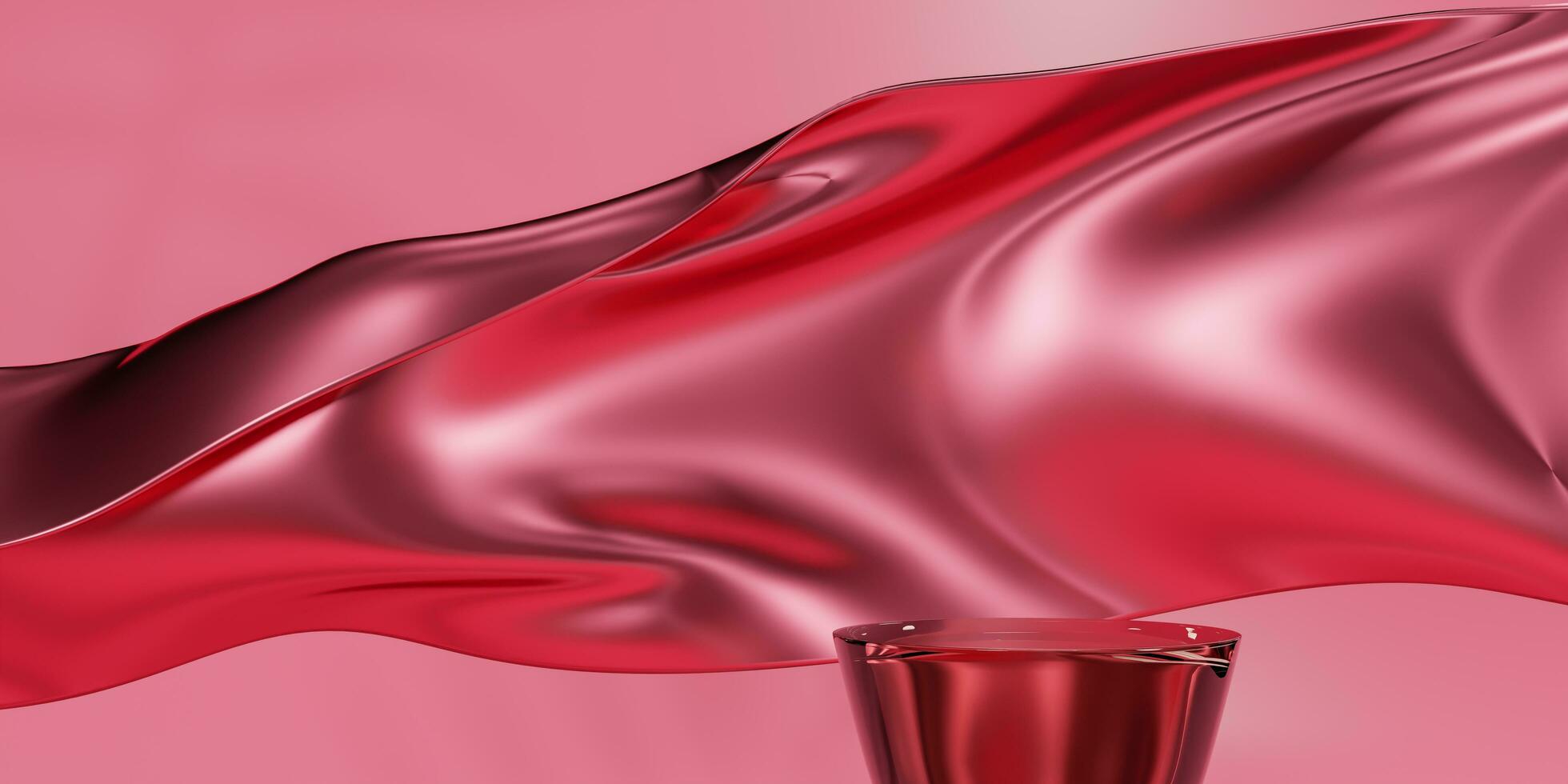 Pink fabric flying wave and podium. Luxury background for branding and product presentation. 3d rendering illustration. photo
