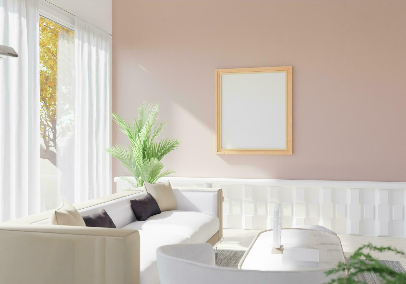 The light from the outside hit theframe on wall of the room and the sofa located inside. give a warm atmosphere.3d rendering. photo