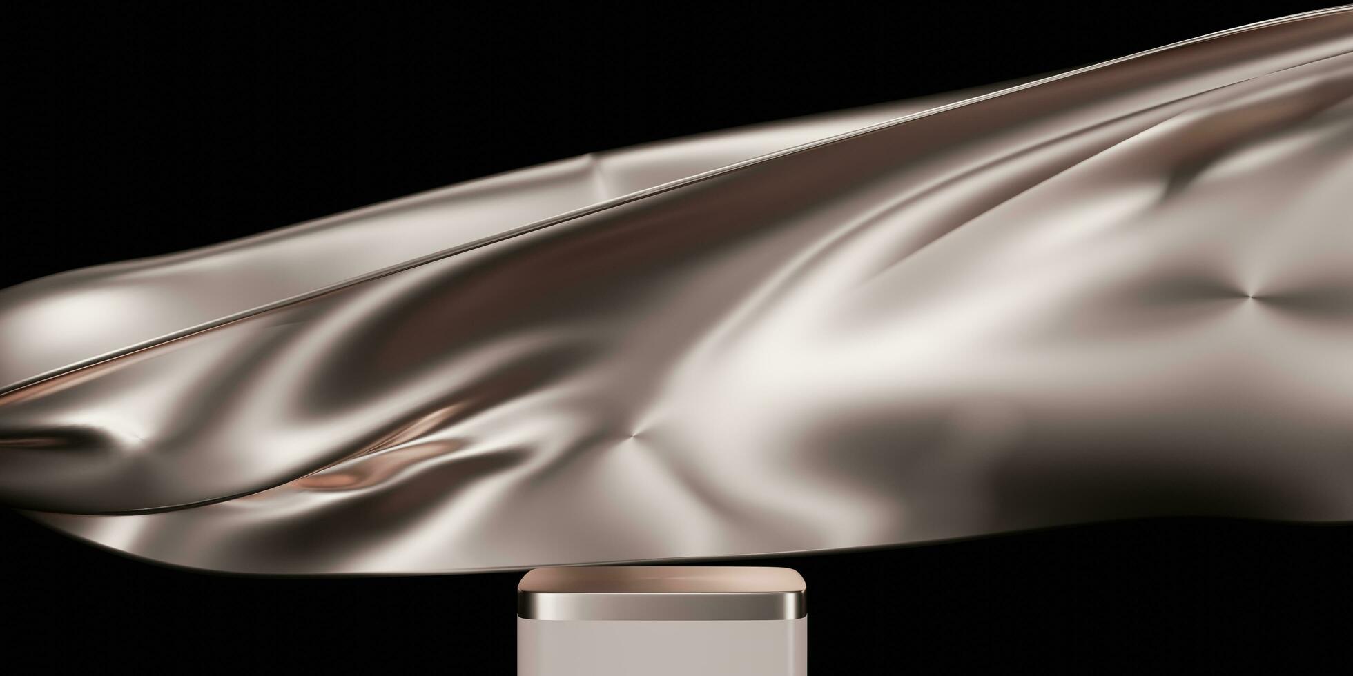 Silver color podium on silver fabric flying wave. Luxury background for branding and product presentation. 3d rendering illustration. photo