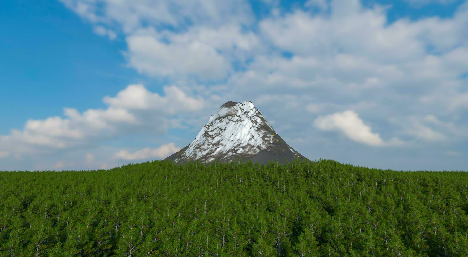 The sharp-shaped snow mountain is surrounded by a dense forest of lush trees with a backdrop of the sky and clouds. 3d rendering. photo