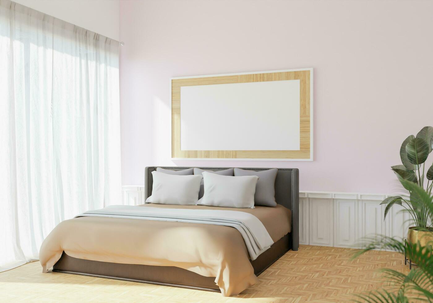 Picture frames are hung on the bedroom walls light shines through large glass doors and curtains. overlooking trees outside give a warm atmosphere. 3d rendering. photo