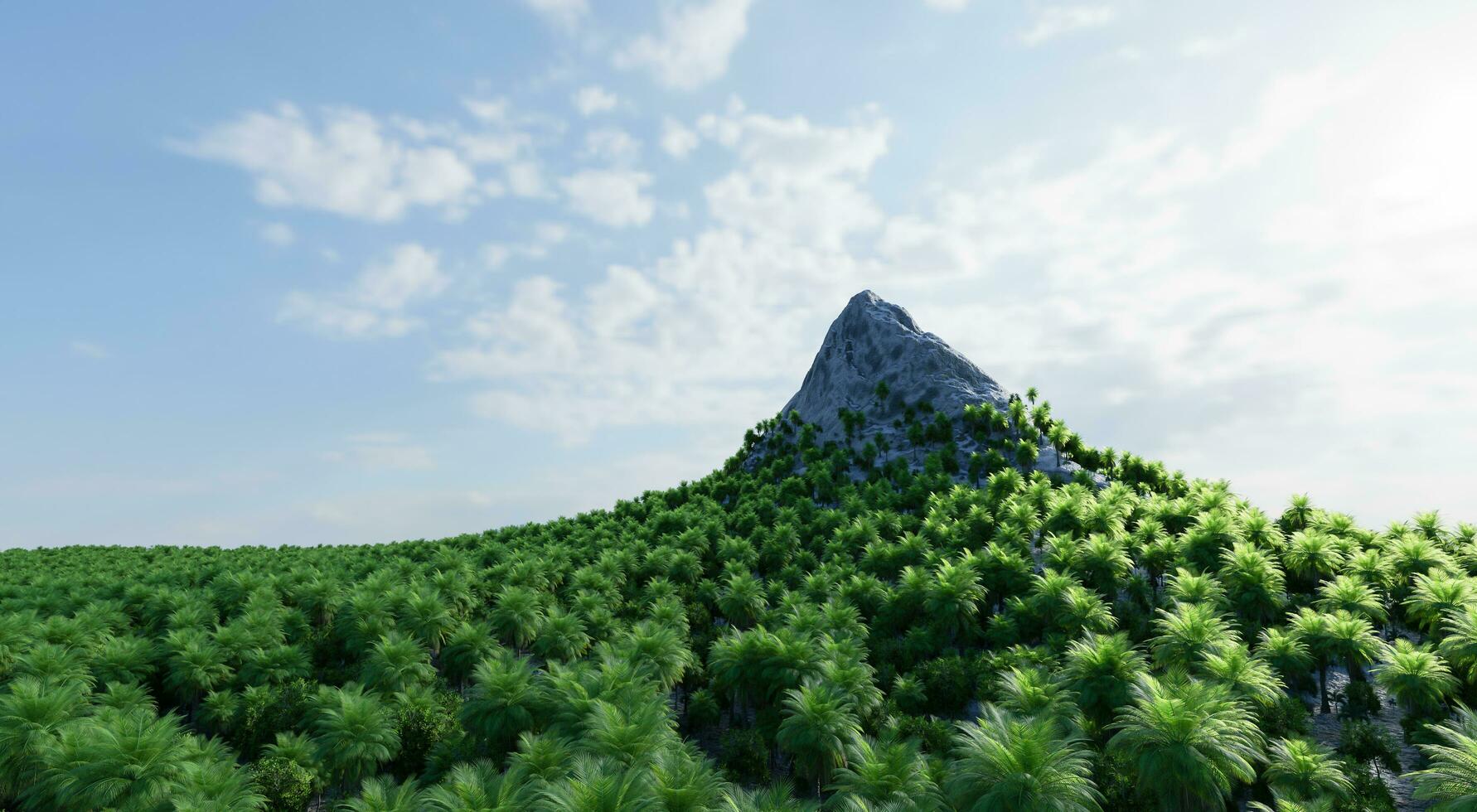 The sharp-shaped mountain is surrounded by a dense forest of lush trees with a backdrop of the sky and clouds. 3d rendering. photo