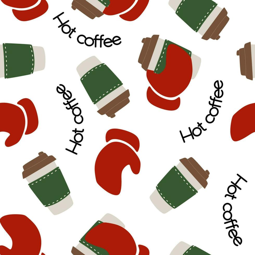 papel taza y rojo de punto mitones con invierno letras. vector sin costura modelo. mano dibujado justa isla prendas de punto gráfico impresión. invierno fiesta antecedentes. Navidad decoración.