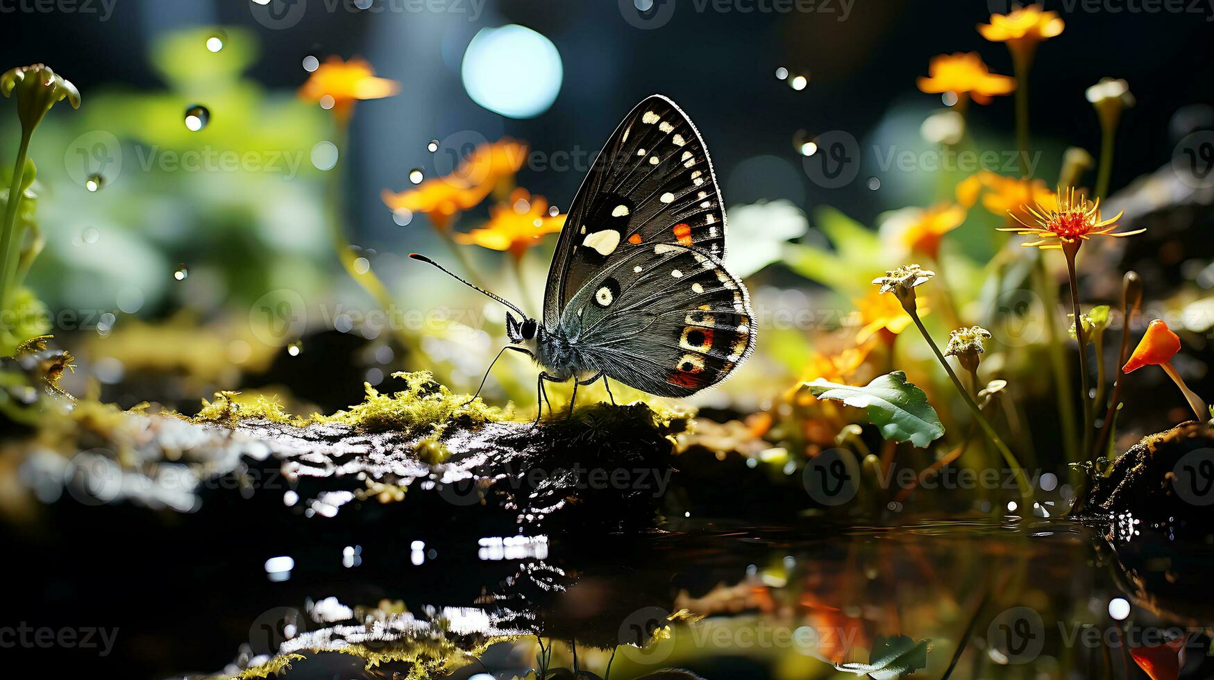 Beautiful Butterfly in a stream near green plants generated by Ai photo