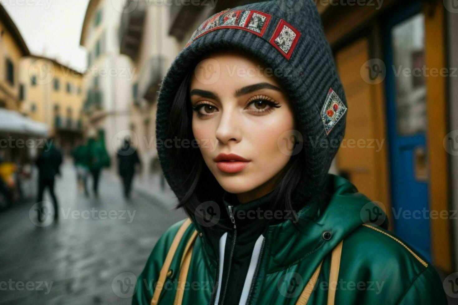 Portrait of a woman in streetwear on the street. Generative Ai Pro Photo