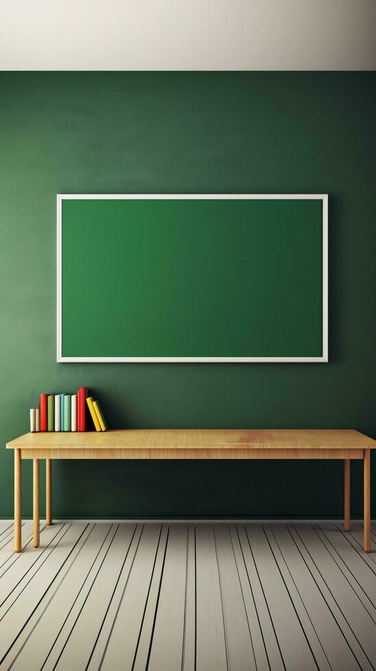 AI Generated blank blackboard with class table and stationery in classroom, back to school design concept. photo