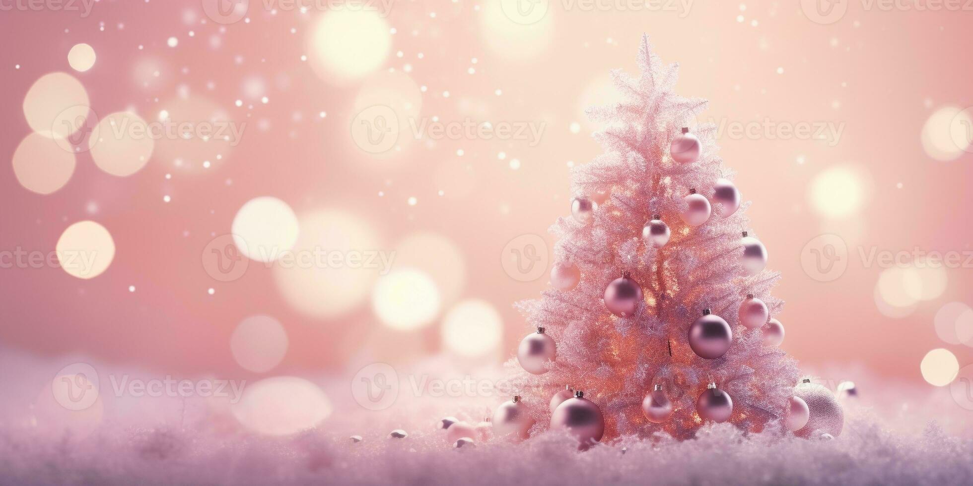 AI Generated pink Christmas tree with bauble hanging on the Christmas tree with sparkling light spot. photo