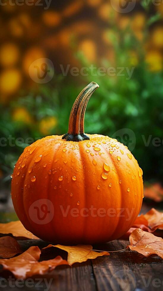 AI Generated autumn pumpkin with maple leaves over wooden table background. Thanksgiving harvest design concept photo