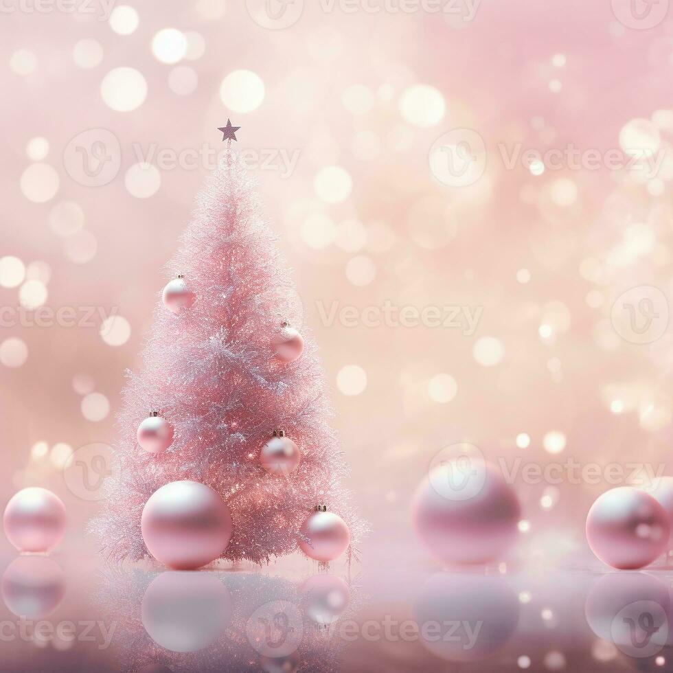 AI Generated pink Christmas tree with bauble hanging on the Christmas tree with sparkling light spot. photo