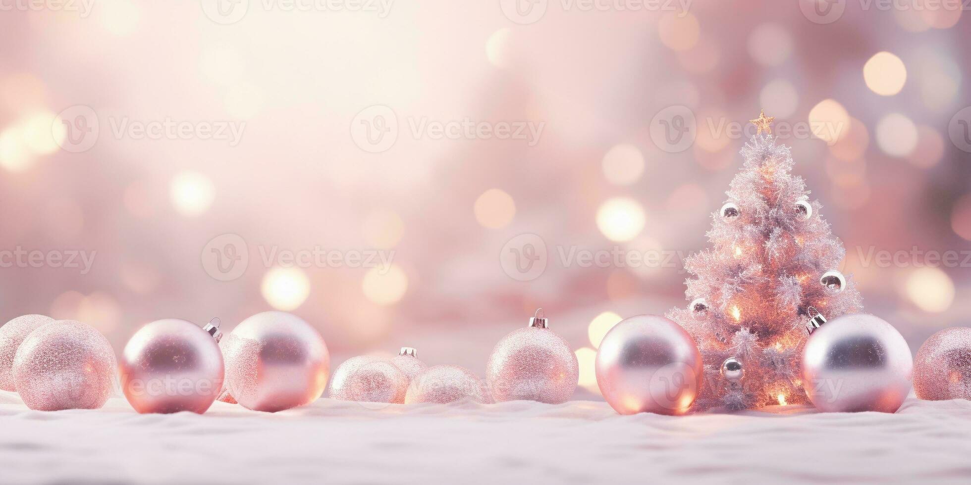 AI Generated pink Christmas tree with bauble hanging on the Christmas tree with sparkling light spot. photo