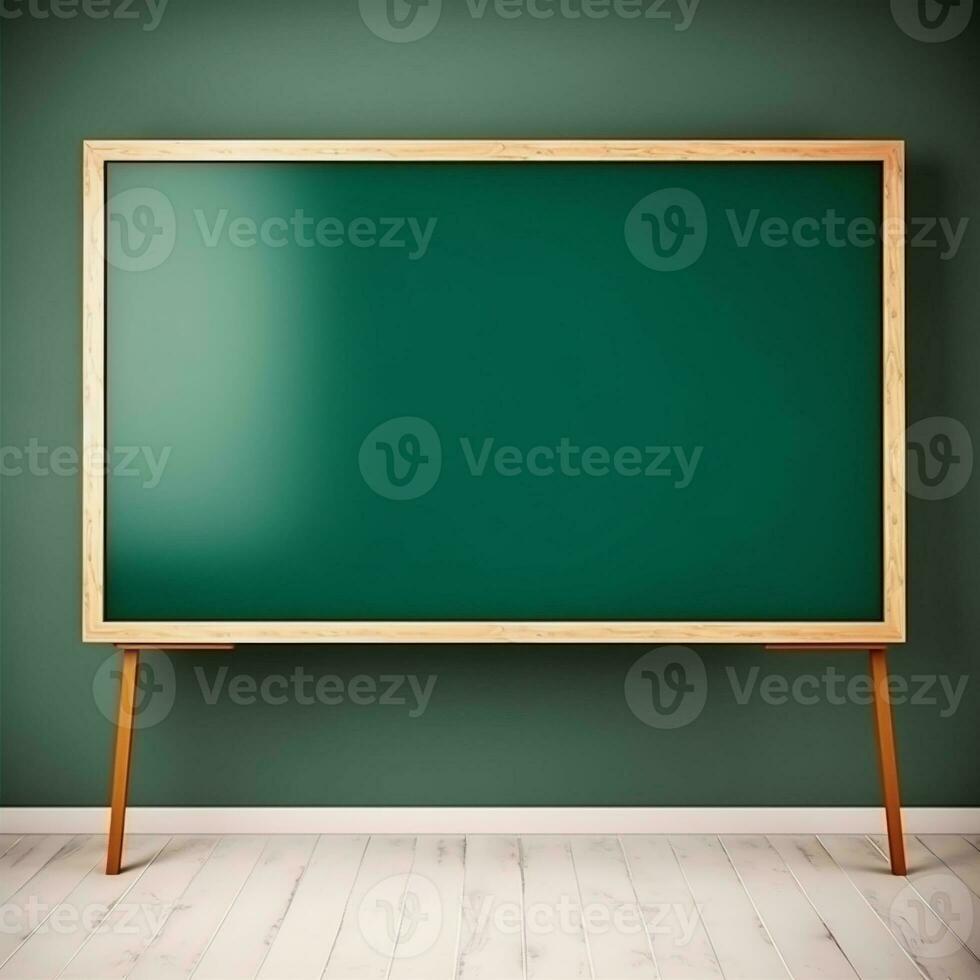AI Generated blank blackboard with class table and stationery in classroom, back to school design concept. photo