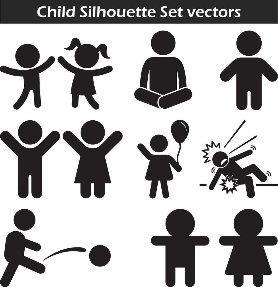 niño conjunto vectores, niño icono colocar, niño silueta conjunto vectores