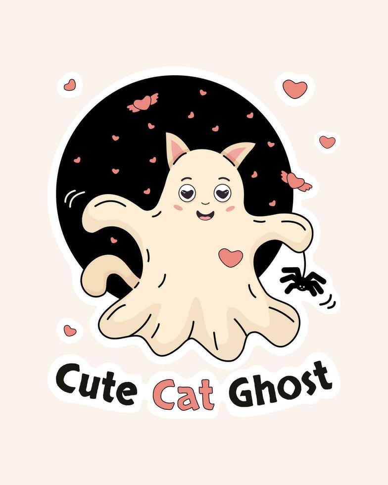 Cute cat ghost with spider and hearts vector illustration. Cover, postcard in cartoon style.