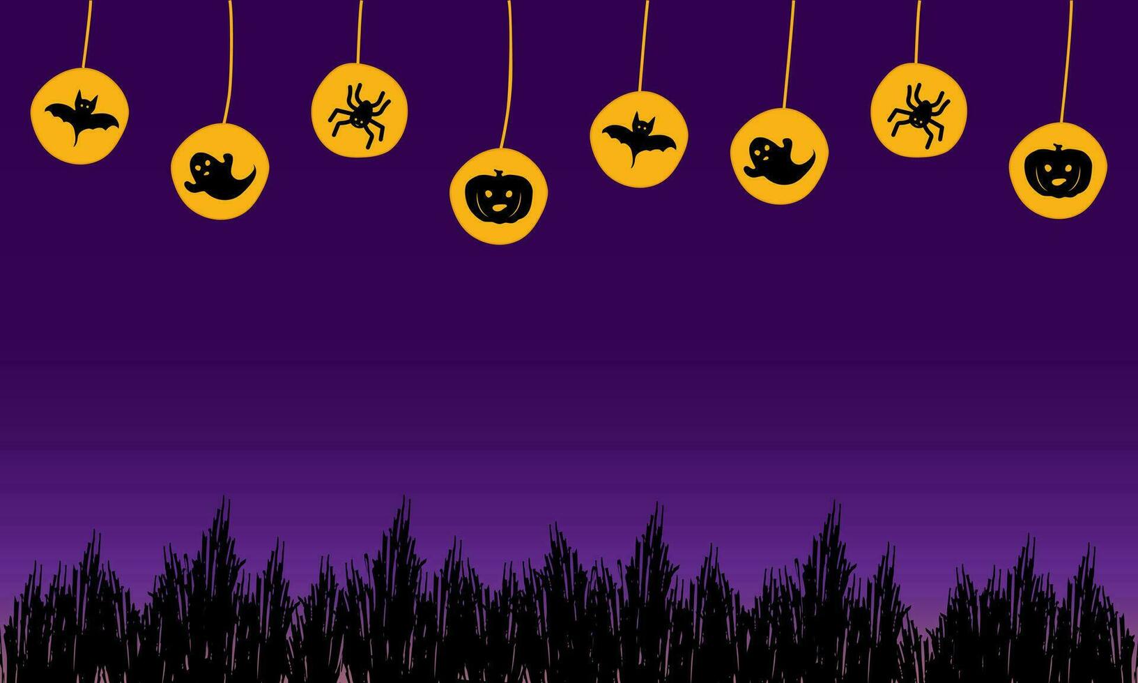 Vector Halloween background with ghost, pumpkin, spiders, bats, dry bushes. Purple, yellow, black.