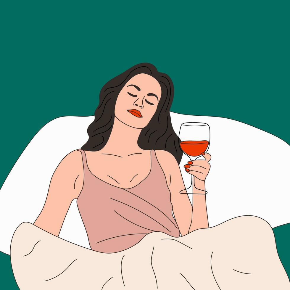 A woman drinks a glass of wine in bed. Vector. Wine time vector