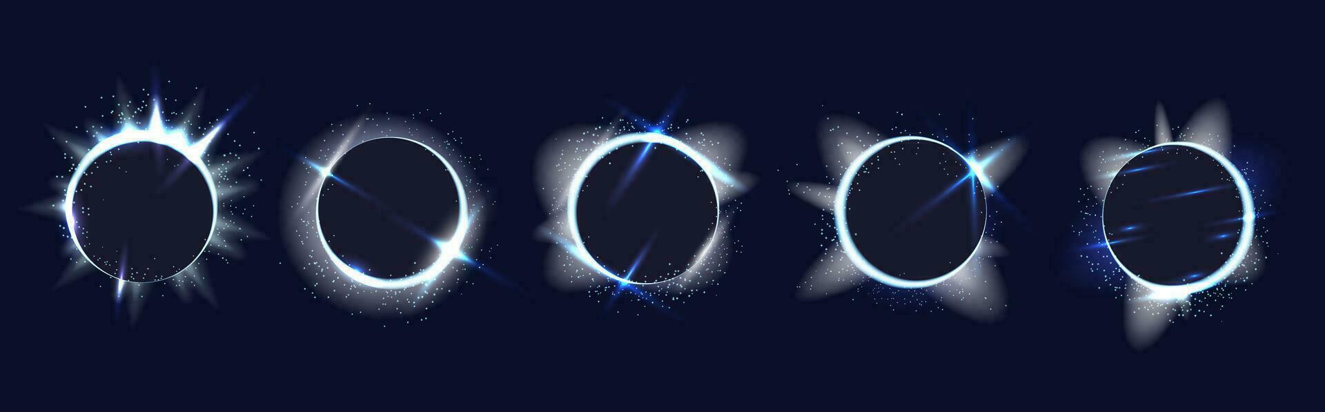 conjunto de brillante plata anillos con luz, estrellas y parpadea alrededor, cinco redondo imagen marcos, vector decorativo gráficos con realista ligero efectos