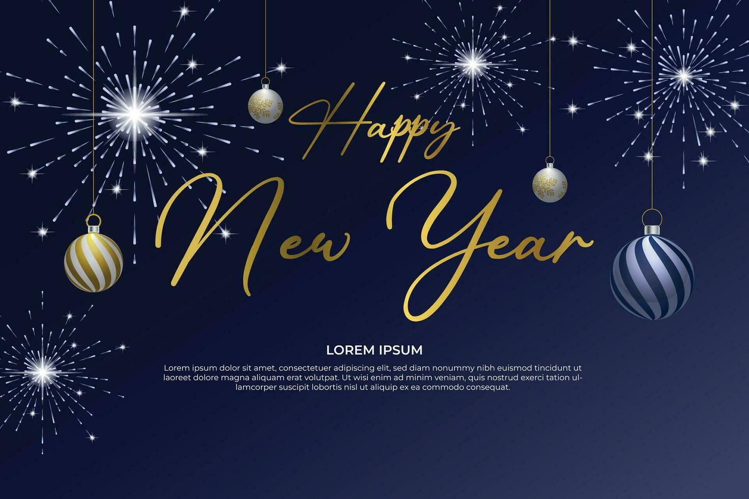 Happy New Year background with fireworks and Christmas balls. Vector illustration.