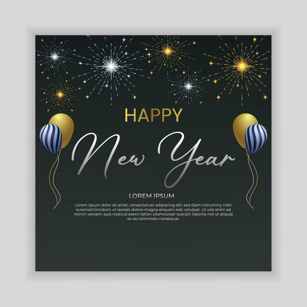 Happy New Year background with fireworks and Ballons. Vector illustration.