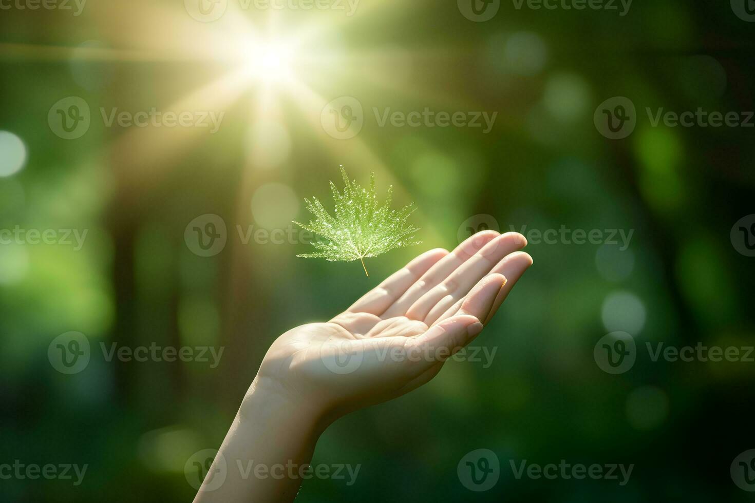 Human hand on green nature background with bokeh and sunlight. Generative AI. photo