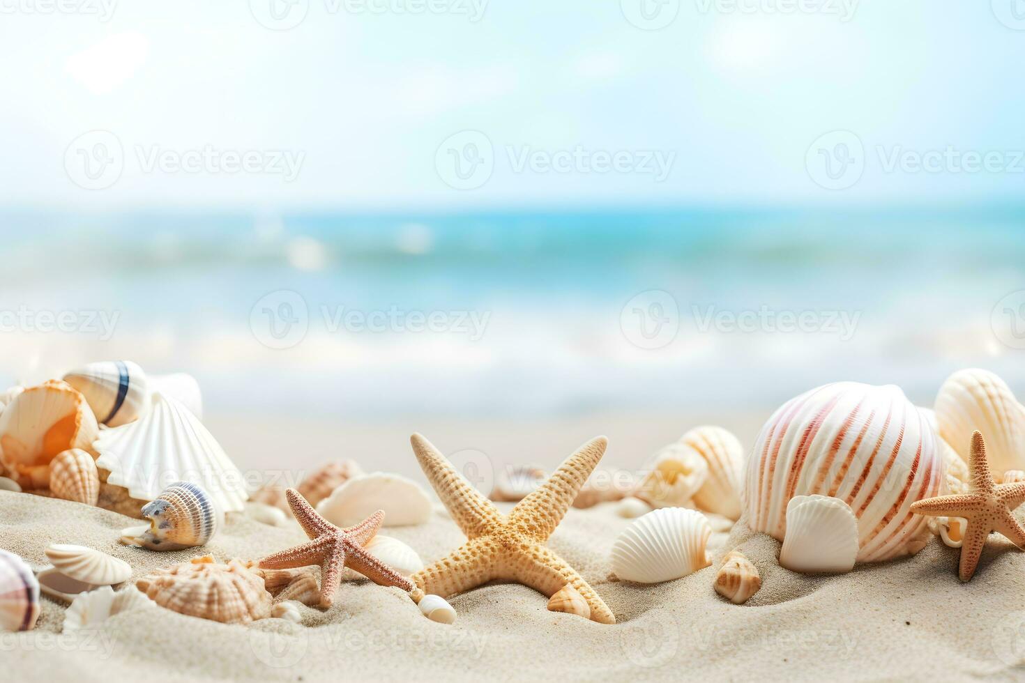 Beach Sea themed with beautiful shells, corals and starfish on pure white sand, summer concept. Generative AI. photo