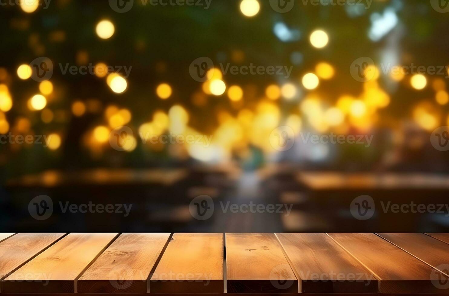 Empty wooden table and bokeh lights blurred outdoor cafe background. Generative AI. photo