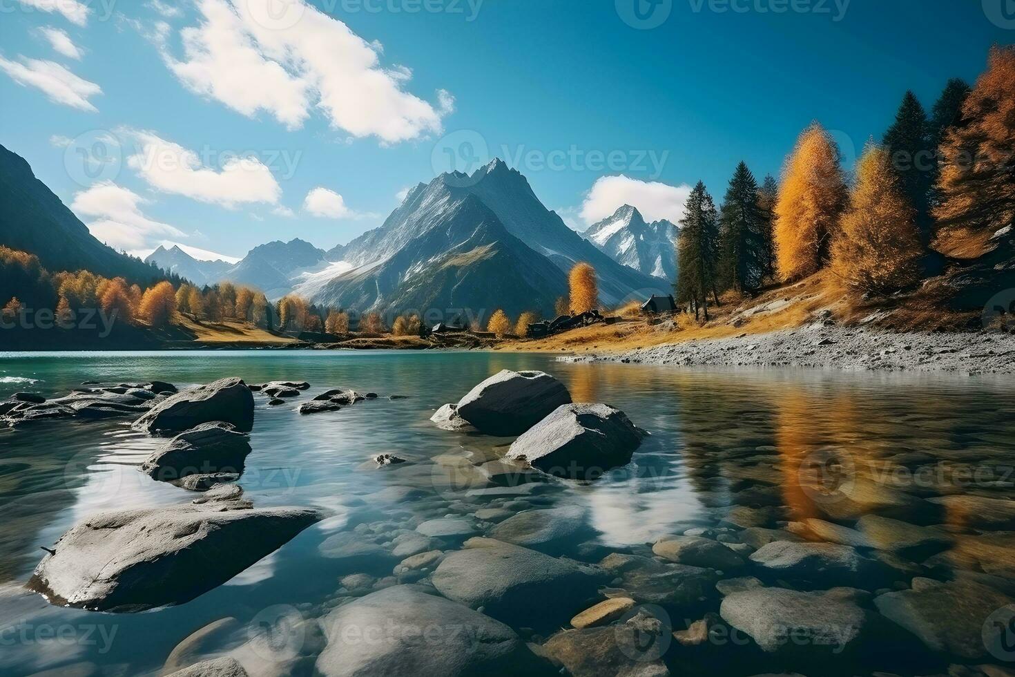 Beautiful autumn mountain nature lake with blue sky. Generative AI. photo