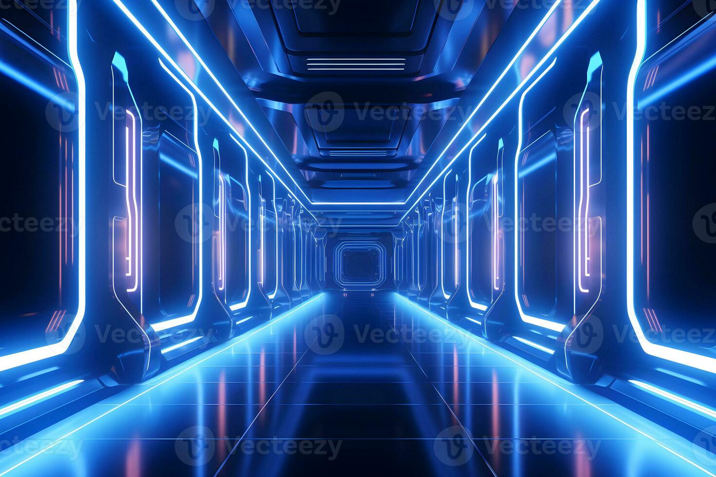 Futuristic corridor with glowing blue neon lights.Generative AI. photo