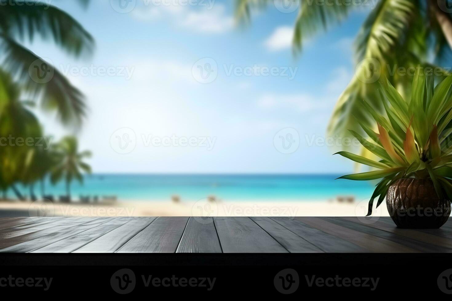 Empty black table top and blur tropical beach of the Background. For product display.Generative AI. photo