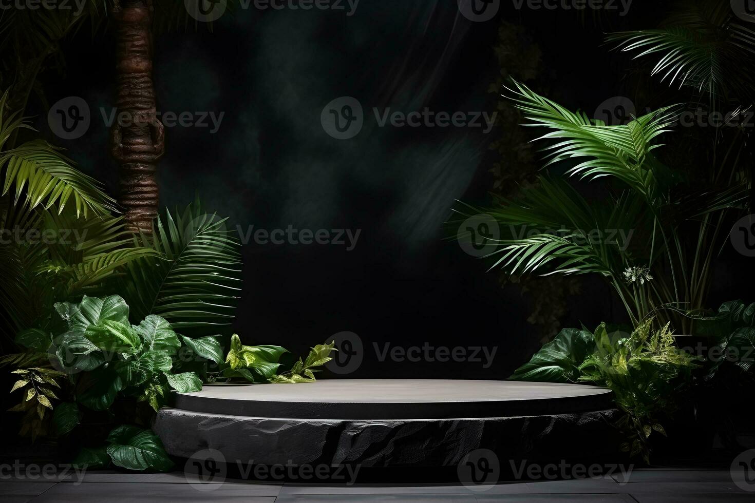 Empty black stone platform with tropical plants on dark background.Generative AI. photo