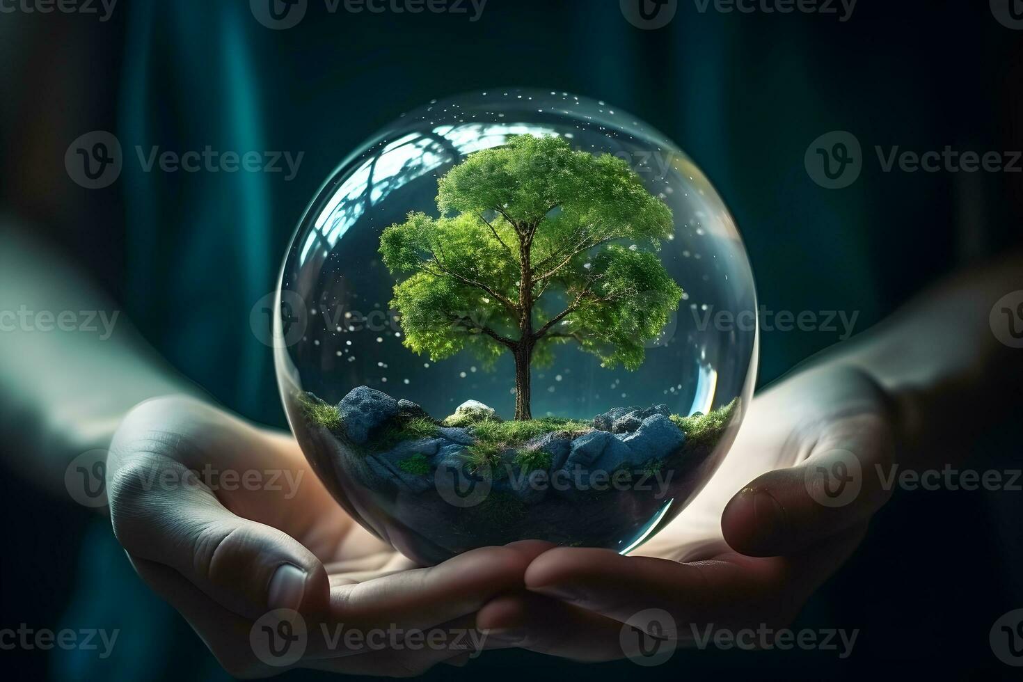 Human hand holding glass ball with tree inside. Environment conservation concept. Generative AI. photo