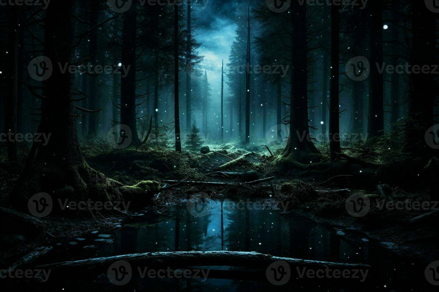 Dark forest at night in moon light.Generative AI photo
