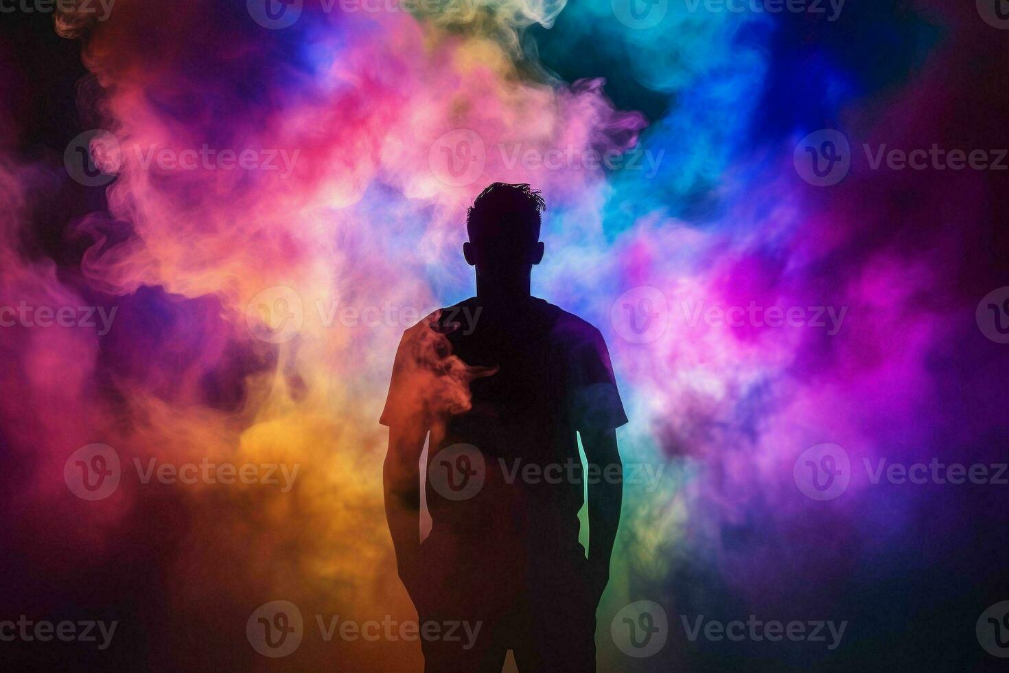 Happy holi colorful background silhouette of man in colored fog.Generative AI photo