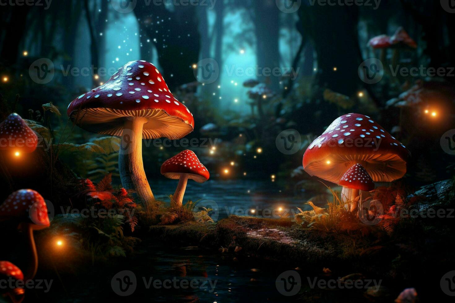 Mushrooms in the forest at night.Generative AI photo