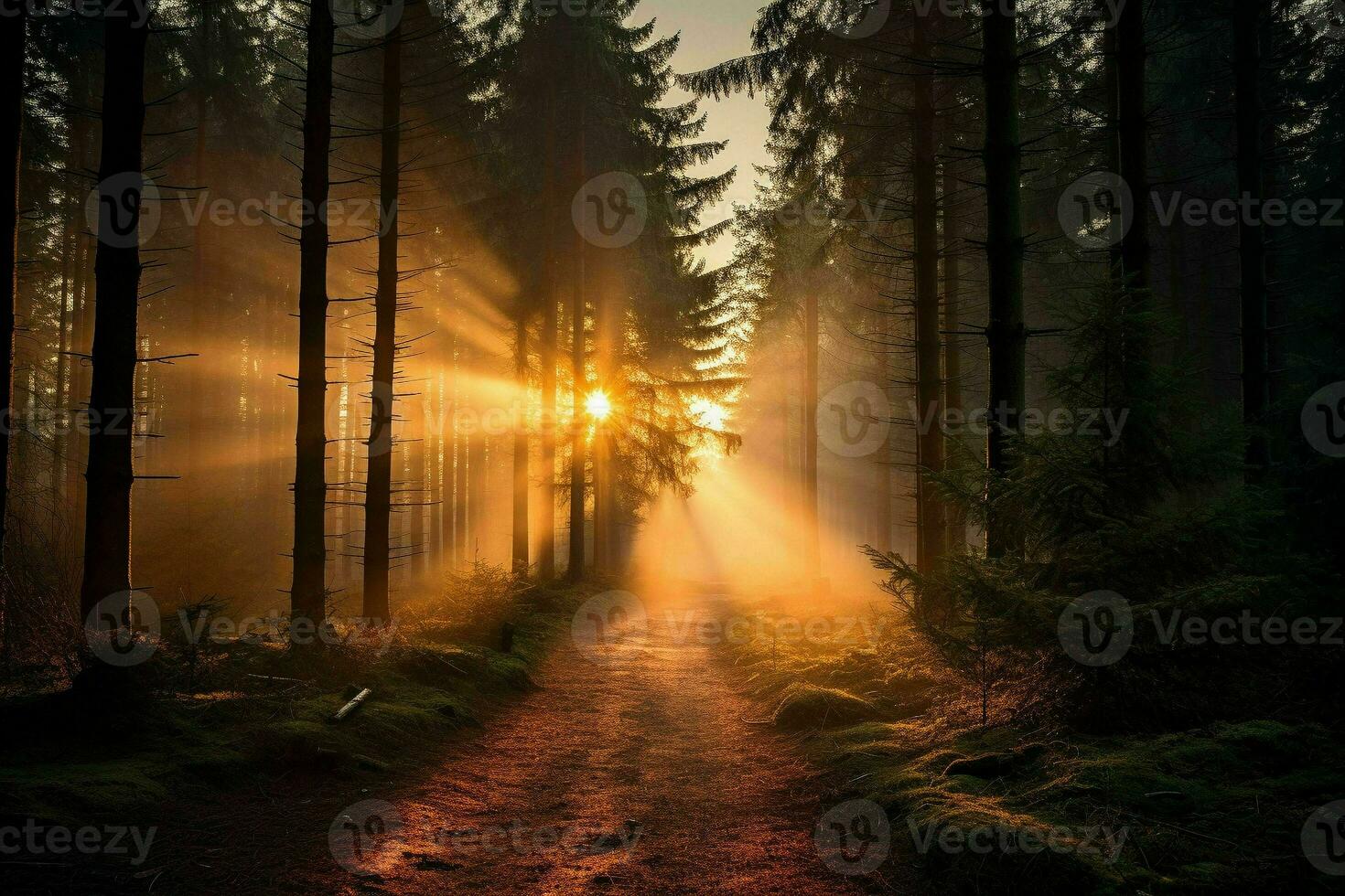 Sunrise in a forest aesthetic background.Generative AI photo